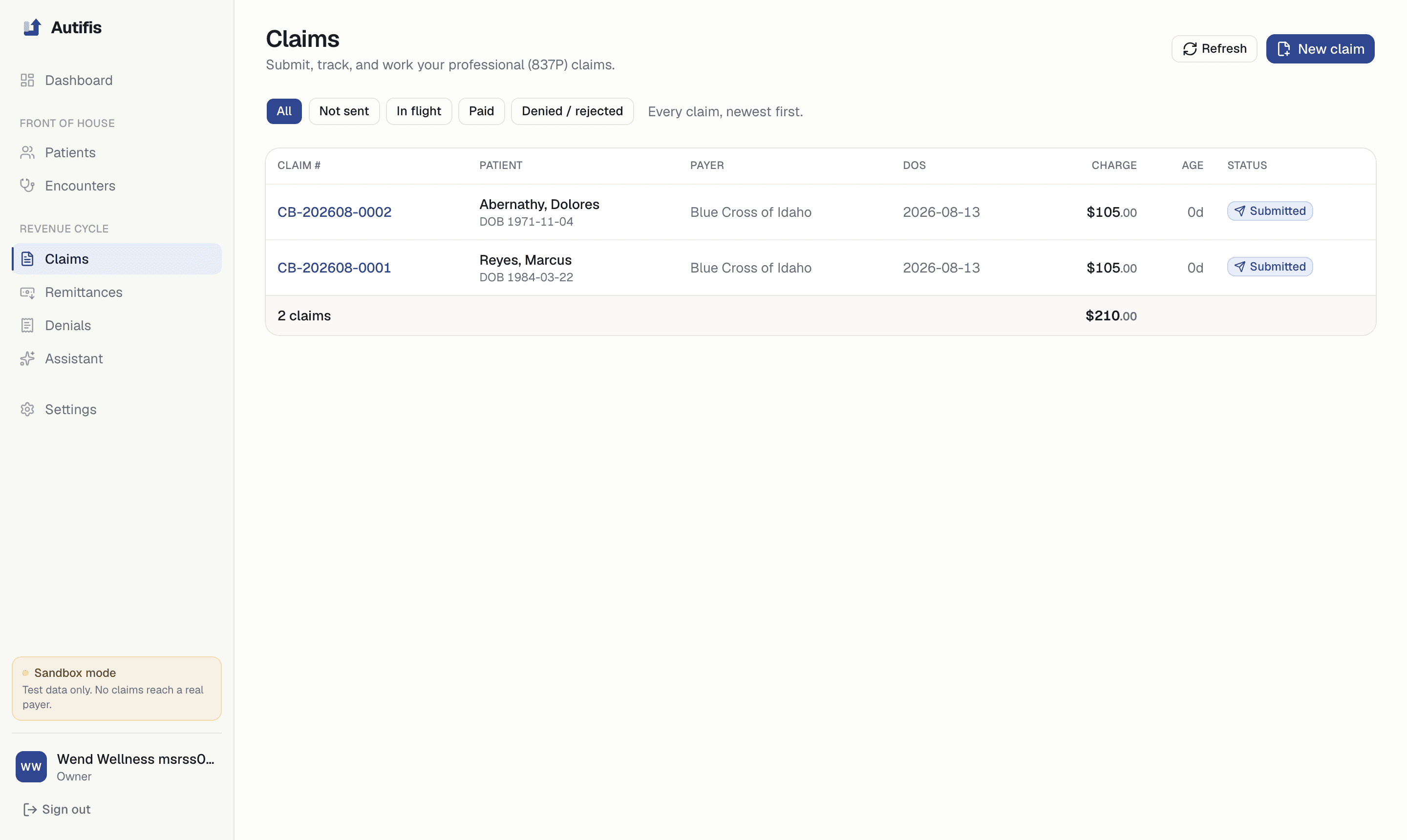 The claims worklist: status filters, patient with date of birth, payer, charge, age and claim status.