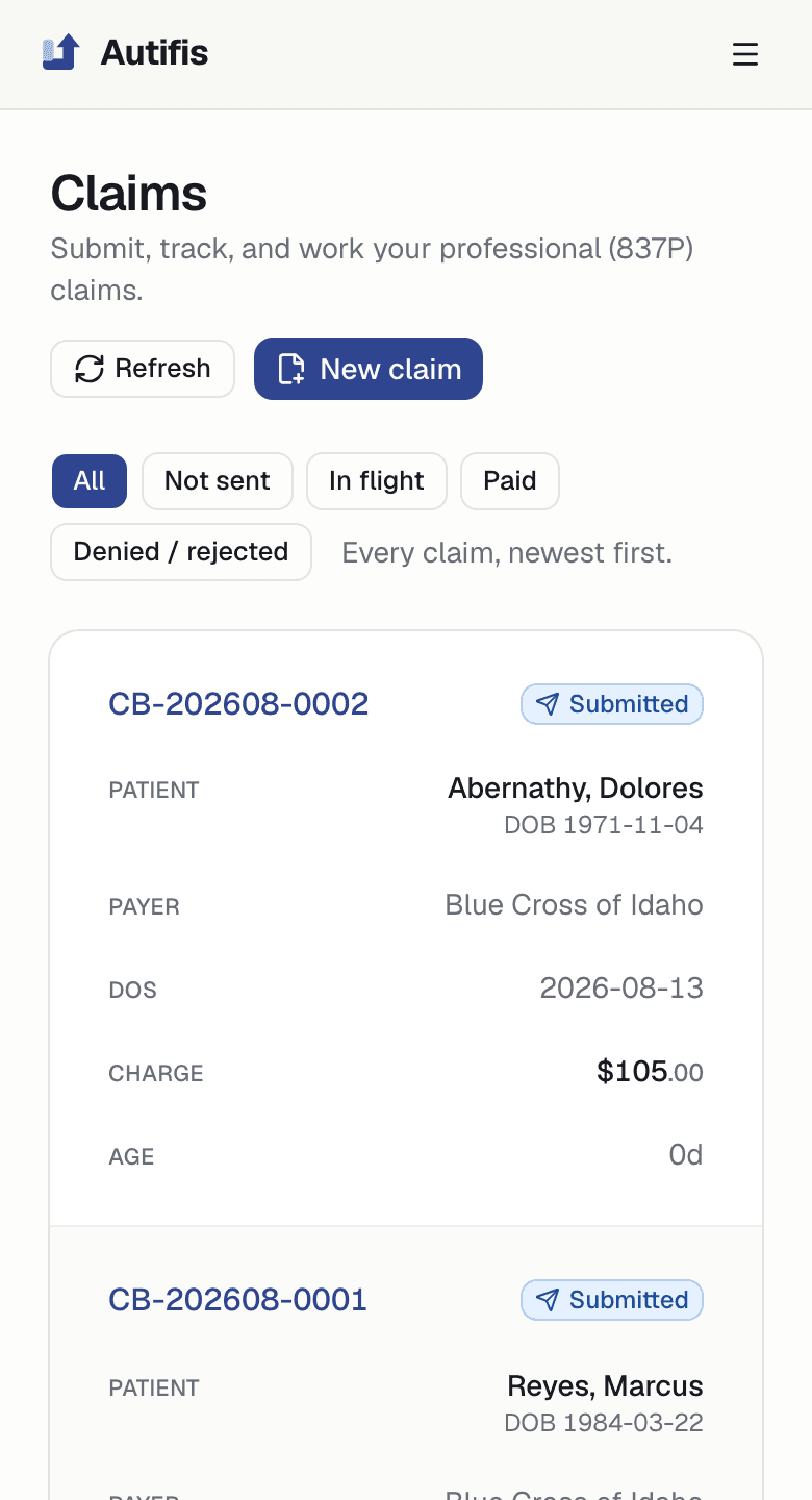 The claims worklist on a phone: each claim is a card showing its number, status, patient, payer, date of service, charge and age.