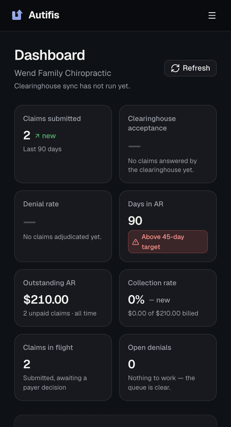 The Autifis dashboard on a phone, in dark mode.