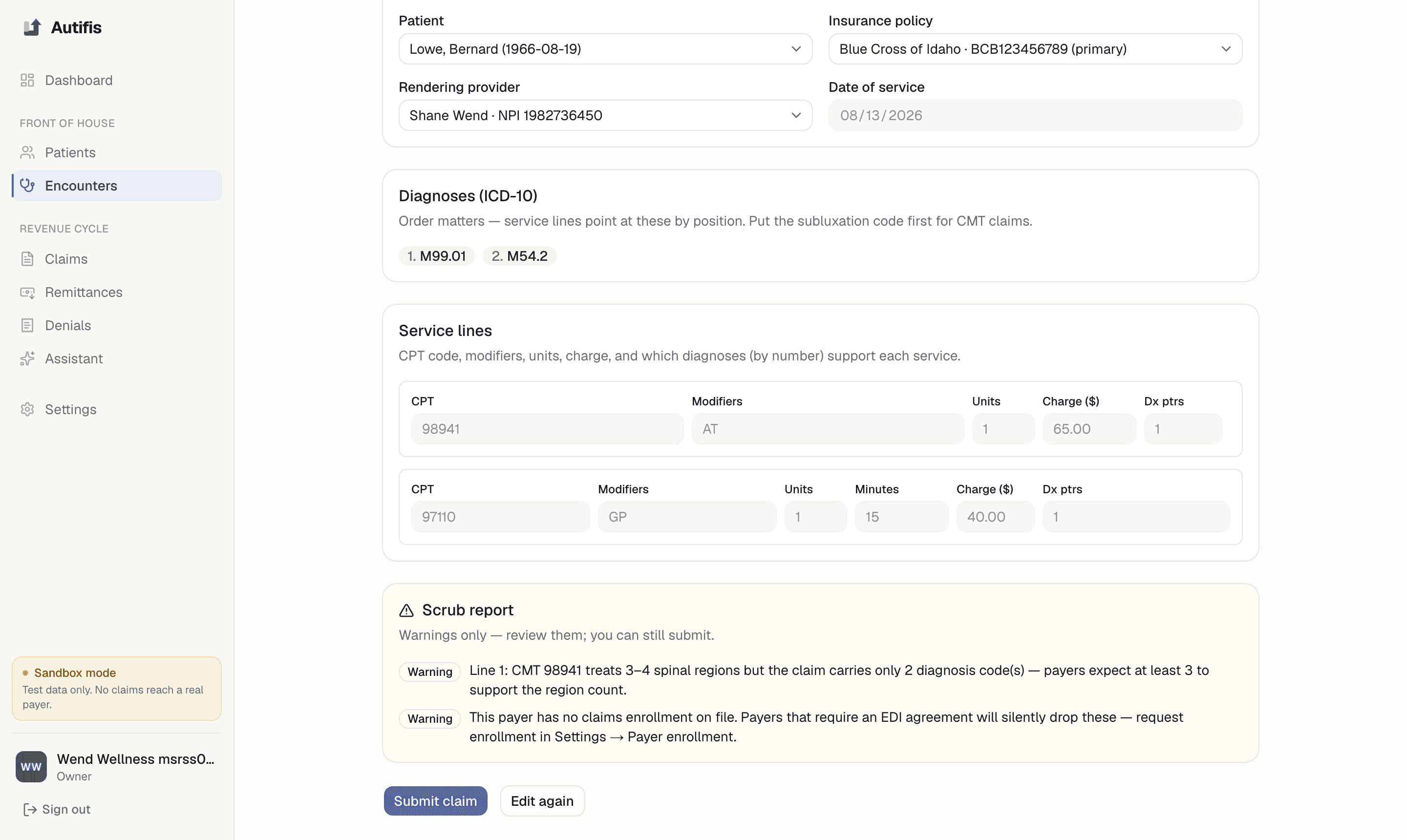 Building a superbill: diagnoses, service lines with CPT codes, modifiers and treatment minutes, and the scrub report underneath.