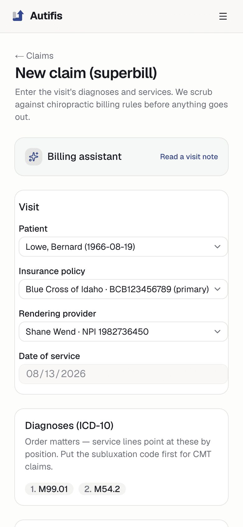 The scrub report on a phone: two warnings — the diagnosis count does not support a 3–4 region CMT, and this payer has no claims enrollment on file.